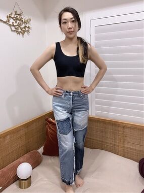 REVICE Two-Tone Patchwork Straight Leg Jeans - Light & Dark Blue
